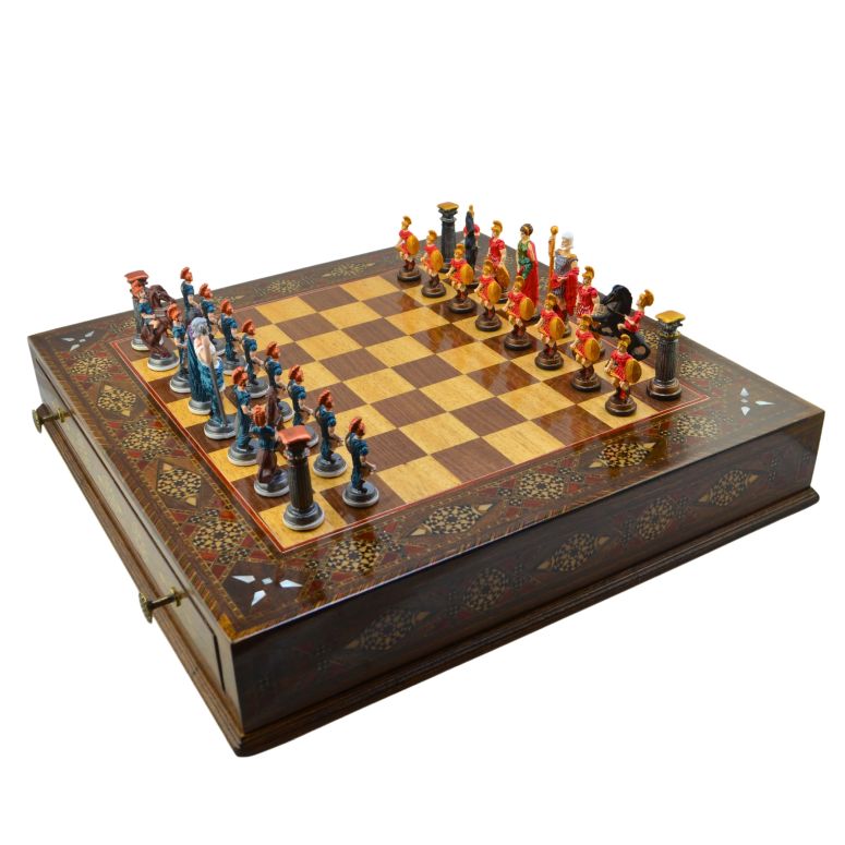 チェスセット Metal Chess Set,Historical Rome Figures,Handmade Painted Chess Pieces with Natural Solid Wooden Chess Board with Original Pearl Around Board and Storage Inside King 4 inc 【並行輸入品】