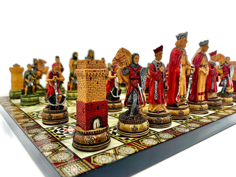チェスセット Luxury Chess Set Historcal Camelot Hand Painted Chessmen Mosaic Wooden Chess Board, Gift for Dad, Husband, and Anyone for Birthday, Anniversaries 【並行輸入品】