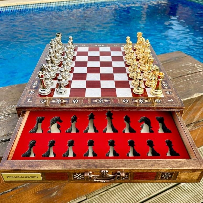 チェスセット Luxury Chess Set Classic Metal Large Chess Pieces for Adults Handmade Natural Inlaid Solid Wooden Chess Board with Drawers 15.3\