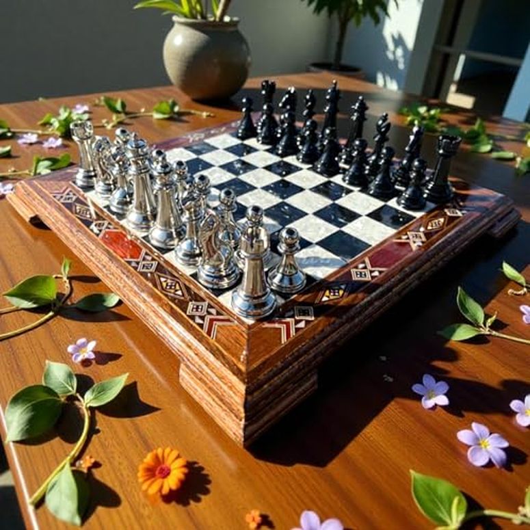 チェス仕かける Solid Wood Inlaid Chess Board with Carved Metal Chessmen ? Handmade Luxury Chess Set for Home D?cor 【並行輸入品】 チェス-おもちゃ