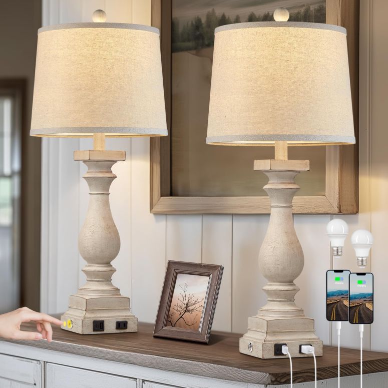 サファヴィヤ safavieh テーブルランプ サファビヤ サファヴィア MOUVOVO 28" Tall Farmhouse Table Lamps Set of 2 with USB C+A Ports and AC Outlet, 3 Way Touch Control Rustic Bedside Lamp for Bedroom, Beige Vintage Nightstand Lamp for L 【並行輸入品】|MJ-MARKET