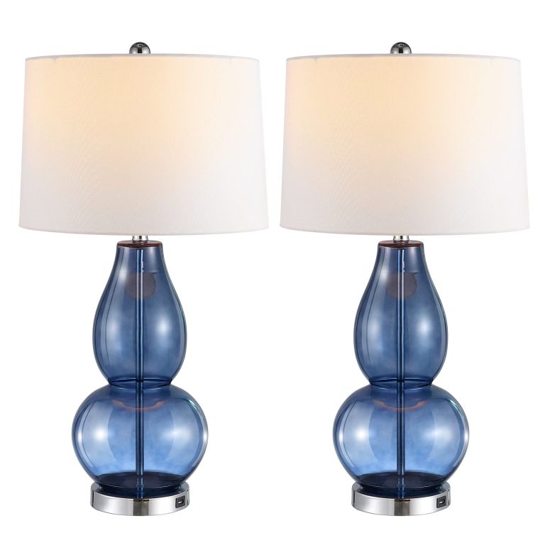 サファヴィヤ safavieh テーブルランプ サファビヤ サファヴィア SAFAVIEH Lighting Collection Mercurio Blue Glass Double Gourd 28-inch Table Lamp Set of 2 with USB Charging Port (LED Bulbs Included) 【並行輸入品】