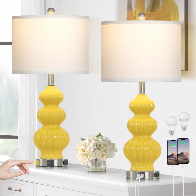 サファヴィヤ safavieh テーブルランプ サファビヤ サファヴィア Rinweey Triple Gourd Ceramic Table Lamps Set of 2, Modern Yellow Bedside Lamps with USB A+C Ports & AC Outlet, 3 Way Touch Control Contemporary Nightstand Lamps for Bedro 【並行輸入品】|MJ-MARKET