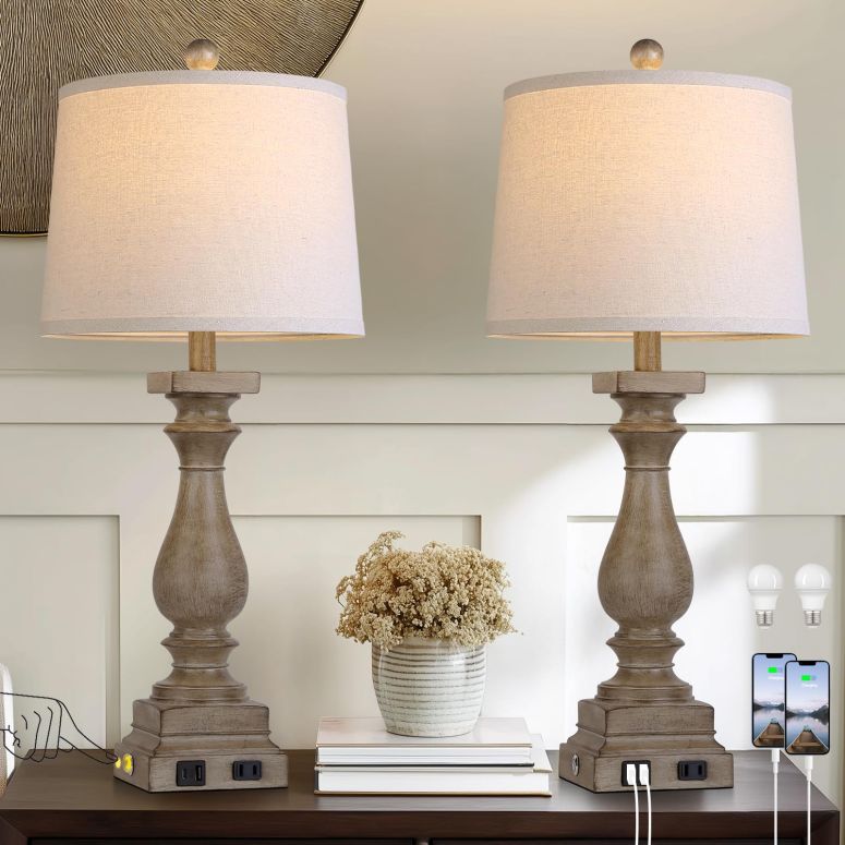 サファヴィヤ safavieh テーブルランプ サファビヤ サファヴィア MOUVOVO 28" Tall Farmhouse Table Lamps Set of 2 with USB C+A Ports and AC Outlet, 3 Way Touch Control Rustic Bedside Lamp for Bedroom, Brown Vintage Nightstand Lamp for L 【並行輸入品】|MJ-MARKET