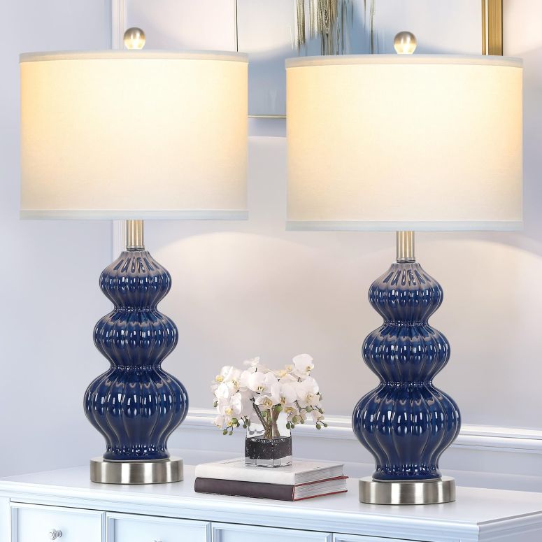 サファヴィヤ safavieh テーブルランプ サファビヤ サファヴィア Rinweey Triple Gourd Ceramic Table Lamps Set of 2, Modern Blue Bedside Lamps with Rotary Switch, Contemporary Nightstand Lamps for Bedroom Living Room 【並行輸入品】