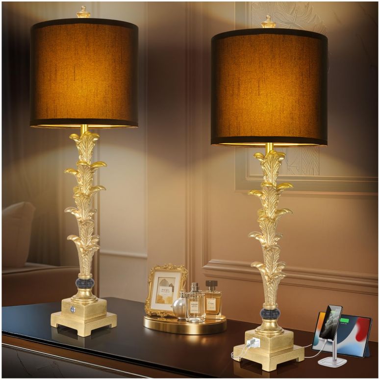 サファヴィヤ safavieh 速見表照明ランプ サファビヤ サファヴィア Table Lamps Set of 2 for Living Room, 3-Way Dimmable Touch Buffet Lamps with USB A+C Ports, Gold Leaf Finish Bedside Lamps with Black Linen Shades, Modern Nightstand Lamp 【並行輸入品】