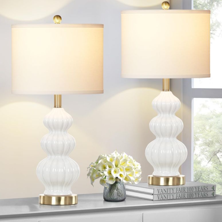 サファヴィヤ safavieh テーブルランプ サファビヤ サファヴィア Rinweey Triple Gourd Ceramic Table Lamps Set of 2, Modern White Bedside Lamps with Rotary Switch, Contemporary Nightstand Lamps for Bedroom Living Room 【並行輸入品】|MJ-MARKET