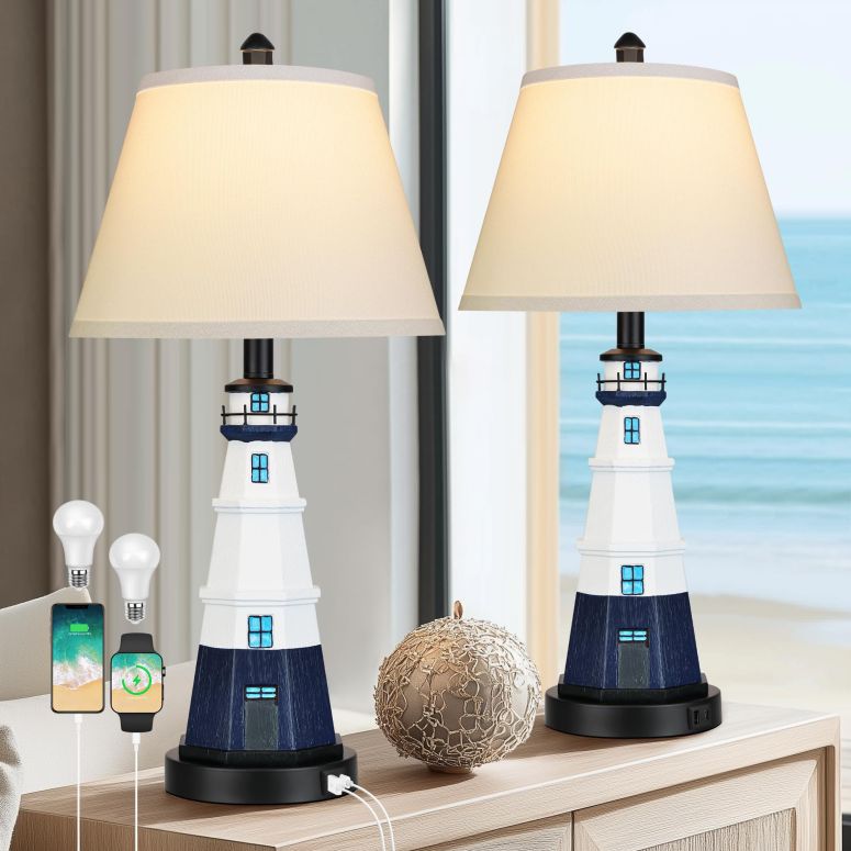サファヴィヤ safavieh テーブルランプ サファビヤ サファヴィア WIHTU Modern Lighthouse Table Lamps Set of 2, White Navy Blue Bedside Nautical Table Lamp, Nautical Style Resin Reading Lights for Bedroom Livingroom, Bulbs Included 【並行輸入品】|MJ-MARKET