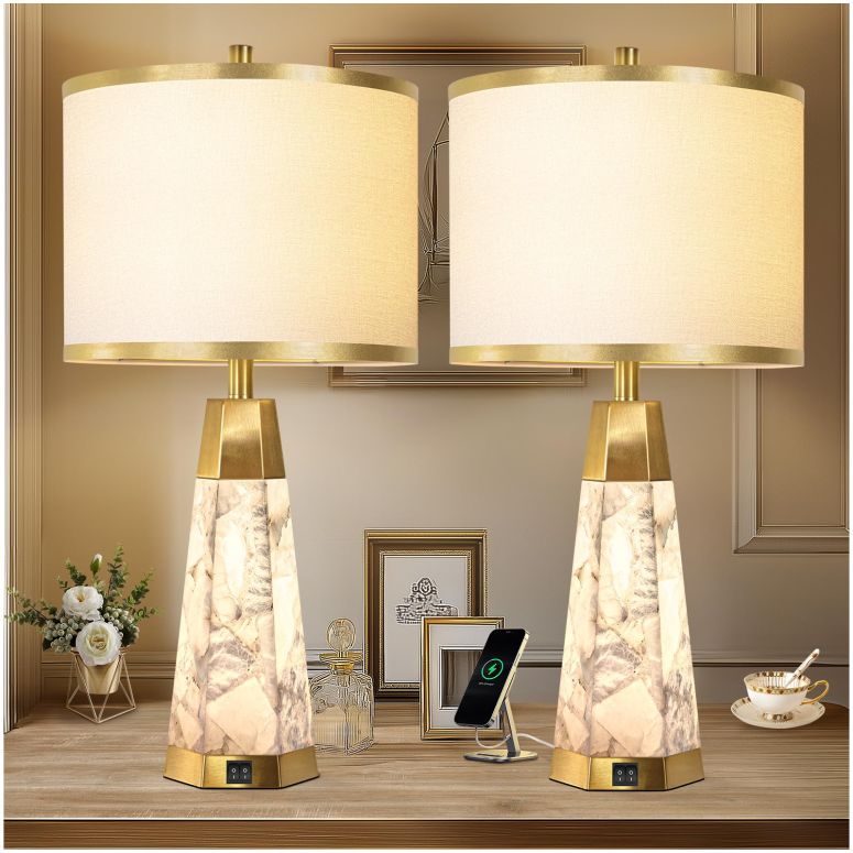 サファヴィヤ safavieh 一覧表照明ランプ サファビヤ サファヴィア KIVDITZO 27\" Alabaster Table Lamps Set of 2 - Lamps for Living Room with Night Light, Bedside Lamps with White Linen Shade, Nightstand Table Lamp with USB A+C Port for Be 【並行輸入品】"