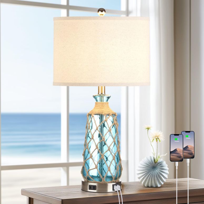 サファヴィヤ safavieh テーブルランプ サファビヤ サファヴィア Ruzectt Coastal Glass Table Lamps, 3-Way Dimmable Touch Control Bedside Lamps with 2 USB Ports and AC Outlet, Teal Nautical Nightstand Lamps for Bedroom Living Room (LED 【並行輸入品】