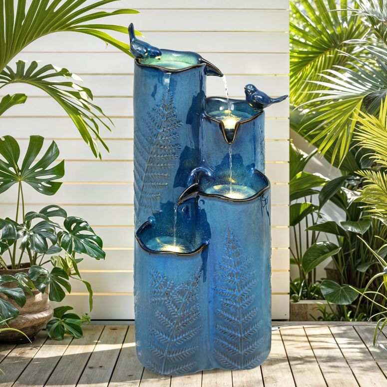 ガーデン 噴水 インテリア噴水 置き型 噴水 滝のオブジェ ウォーターフォールファウンテン Autodaya 32" H Ceramic Outdoor Water Fountain, 4-Tier Tropical Cascading Waterfall with LED, Turquoise Glaze & Embossed Fern Pattern, Bird-Attract 【並行輸入品】|MJ-MARKET