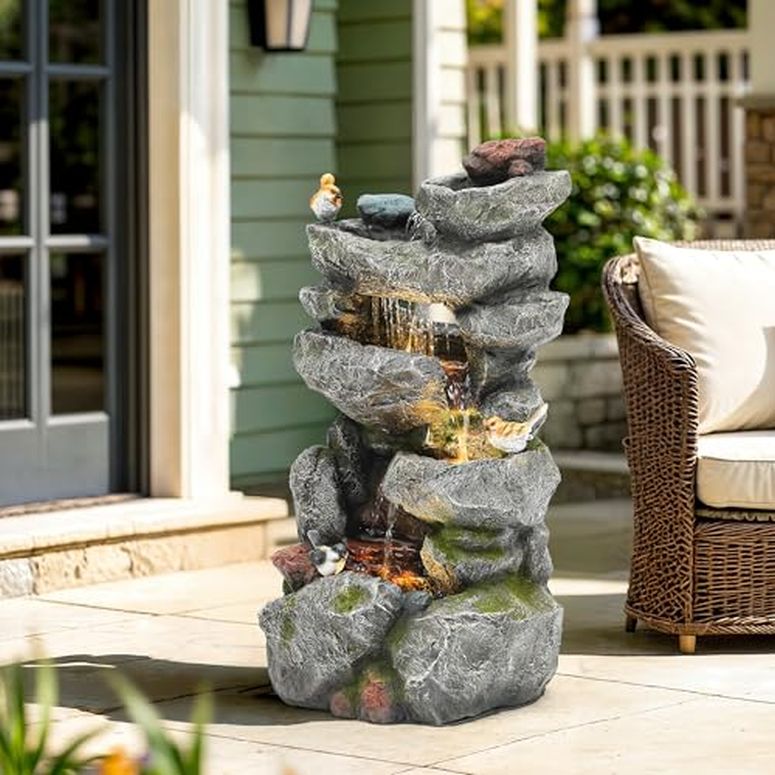 ガーデン 噴水 インテリア噴水 置き型 噴水 滝のオブジェ ウォーターフォールファウンテン Ultym 31.5" Multi-Tier Rock Outdoor Water Fountain with LED Lights & Pump, Garden Waterfall Feature with Birds for Patio, Porch or Yard 【並行輸入品】｜MJ-MARKET