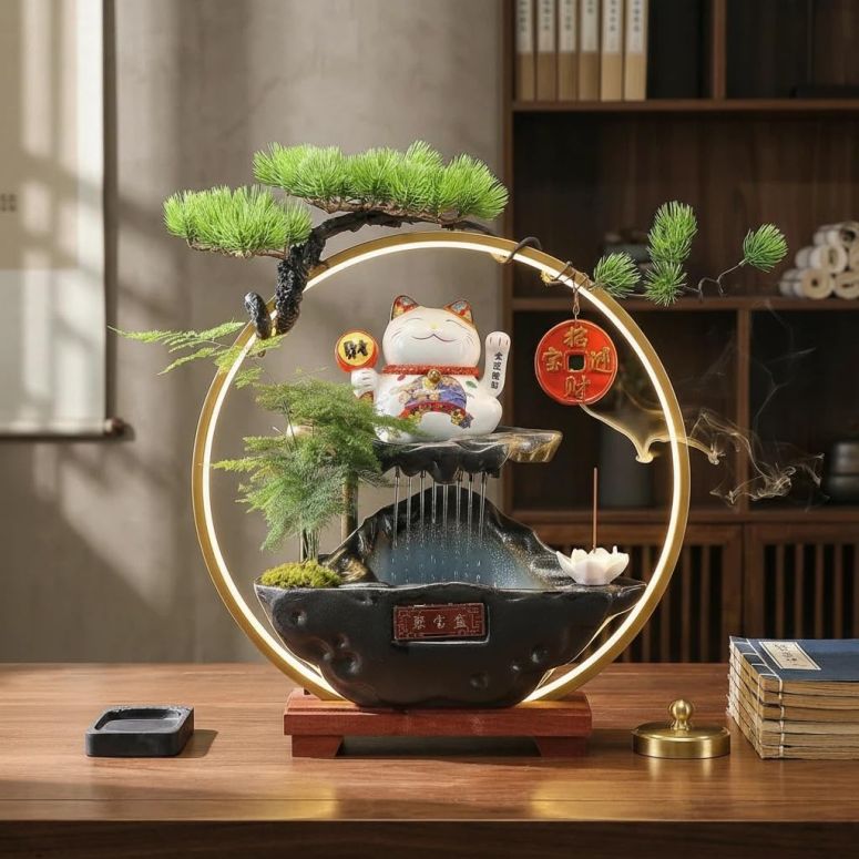 卓上 吹き上げ 滝のオブジェ テーブルトップファウンテン 室内装飾吹き上げ TXYXT Chinese Ceramic Lucky Statue Cat - Automatic Waving Arm,Tabletop Waterfall Fountain Indoor\u0026 Backflow Incense Burner Holder,Adjustable USB LED Light Ring,Money C 【並行輸入品】