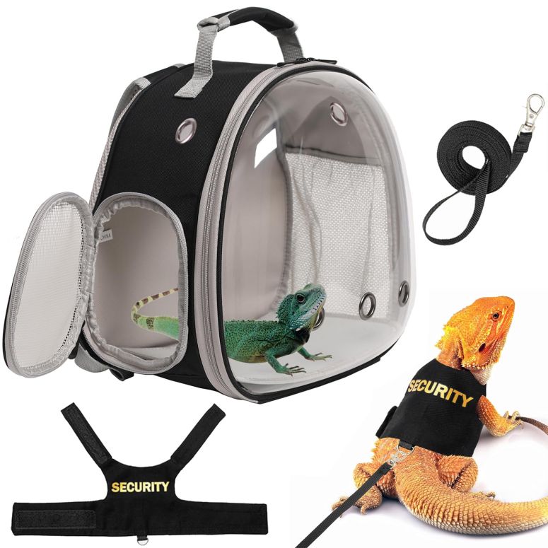 インコ 小鳥 バード トラベルキャリアー Bearded Dragon Carrier Backpack with Security Printing Harness Leash Set, Reptile Lizard Space Capsule Astronaut Clear Bubble Window Travel Carrier for Small Animal Guinea Pig(Black, Security H 【並行輸入品】｜MJ-MARKET