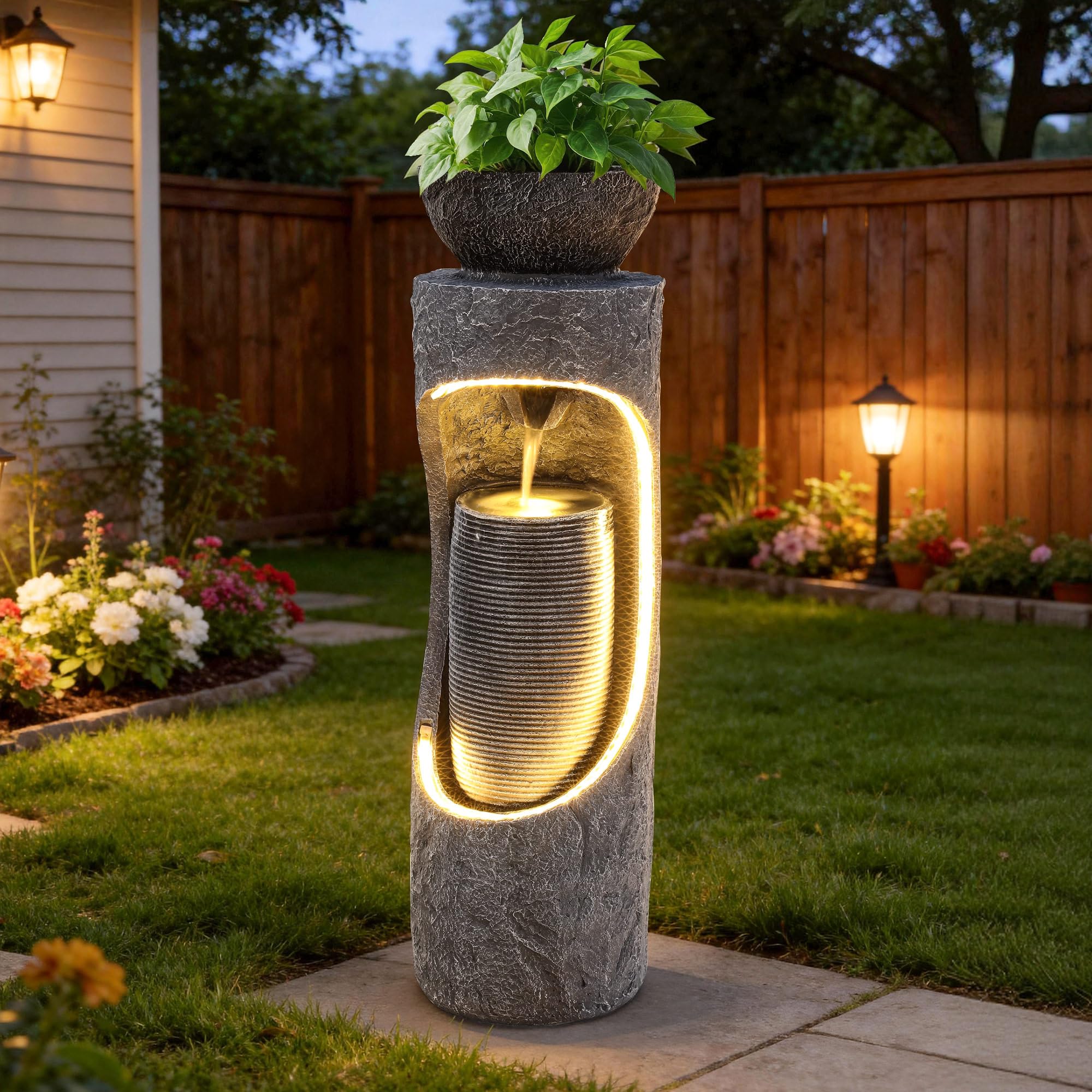 ガーデン 噴水 インテリア噴水 置き型 噴水 滝のオブジェ ウォーターフォールファウンテン Ultym 40" Tall Outdoor Water Fountain, Dual-Layer Column Garden Fountain with Bird Feeder, Resin Soothing Cascading Waterfall Foutain for Patio, B 【並行輸入品】|MJ-MARKET