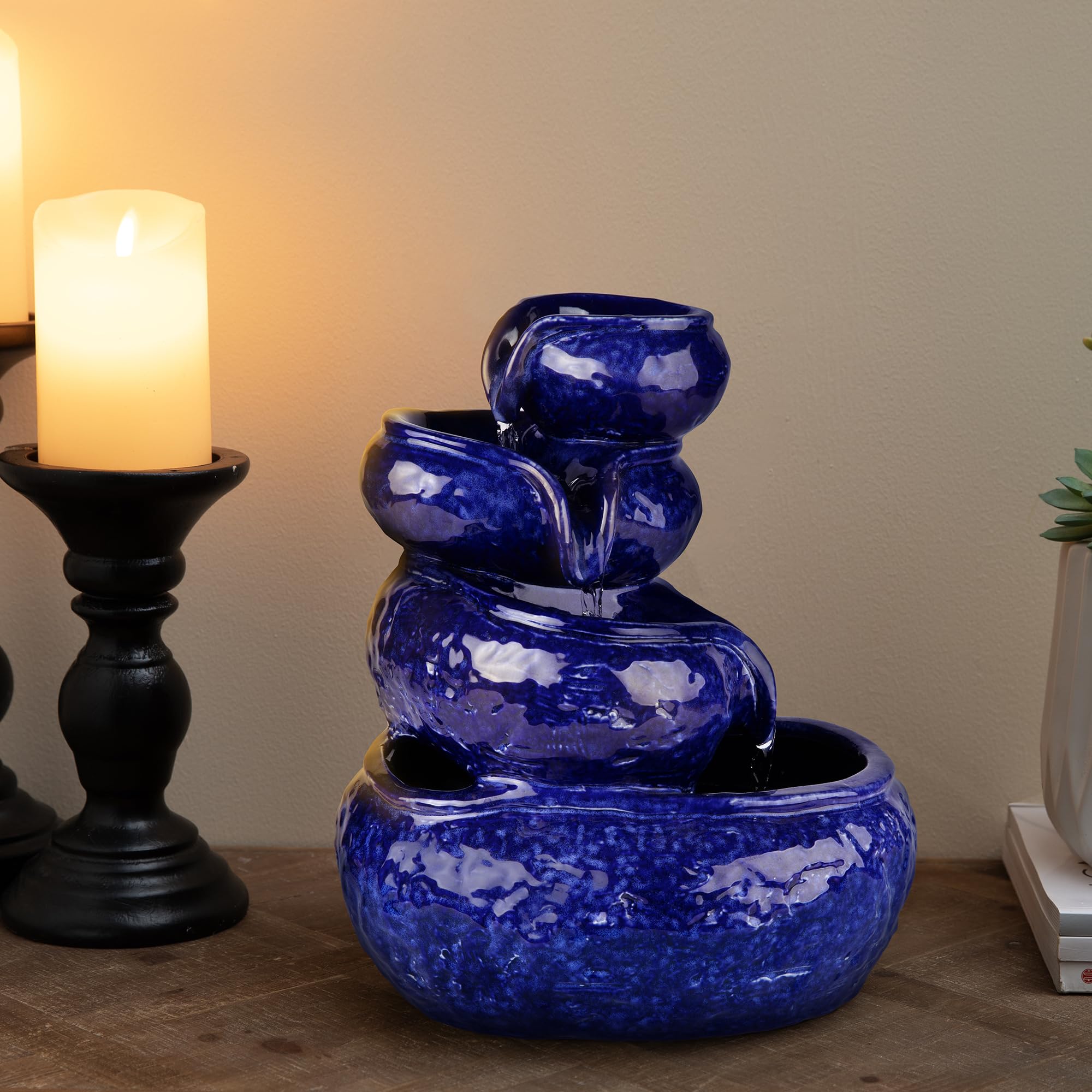 卓上 噴水 滝のオブジェ テーブルトップファウンテン インテリア噴水 Glitzhome 12" H Ceramic Cobalt Blue Tabletop Fountain with Pump, 4-Tiered Indoor Water Fountain Cascading Table Fountain Pot for Home Office Living Room, Decorative D 【並行輸入品】|MJ-MARKET
