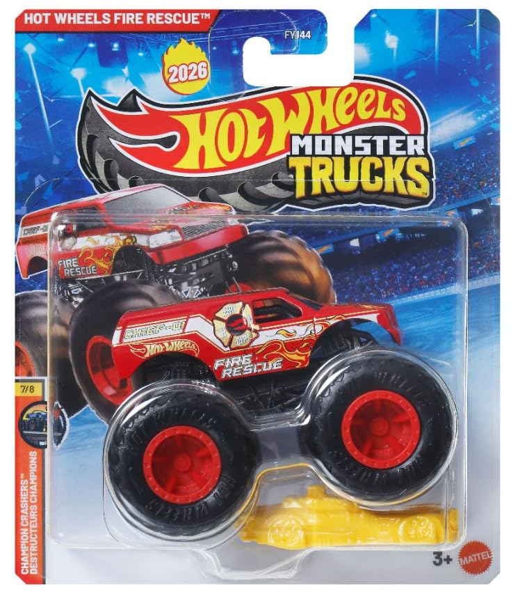 ホットウィール モンスタートラック Hot Wheels Monster Trucks Fire Rescue, Champion Crashers 7/8 [Includes Crush Car] New for 2026! 1:64 Scale Diecast Toy Vehicle 【並行輸入品】