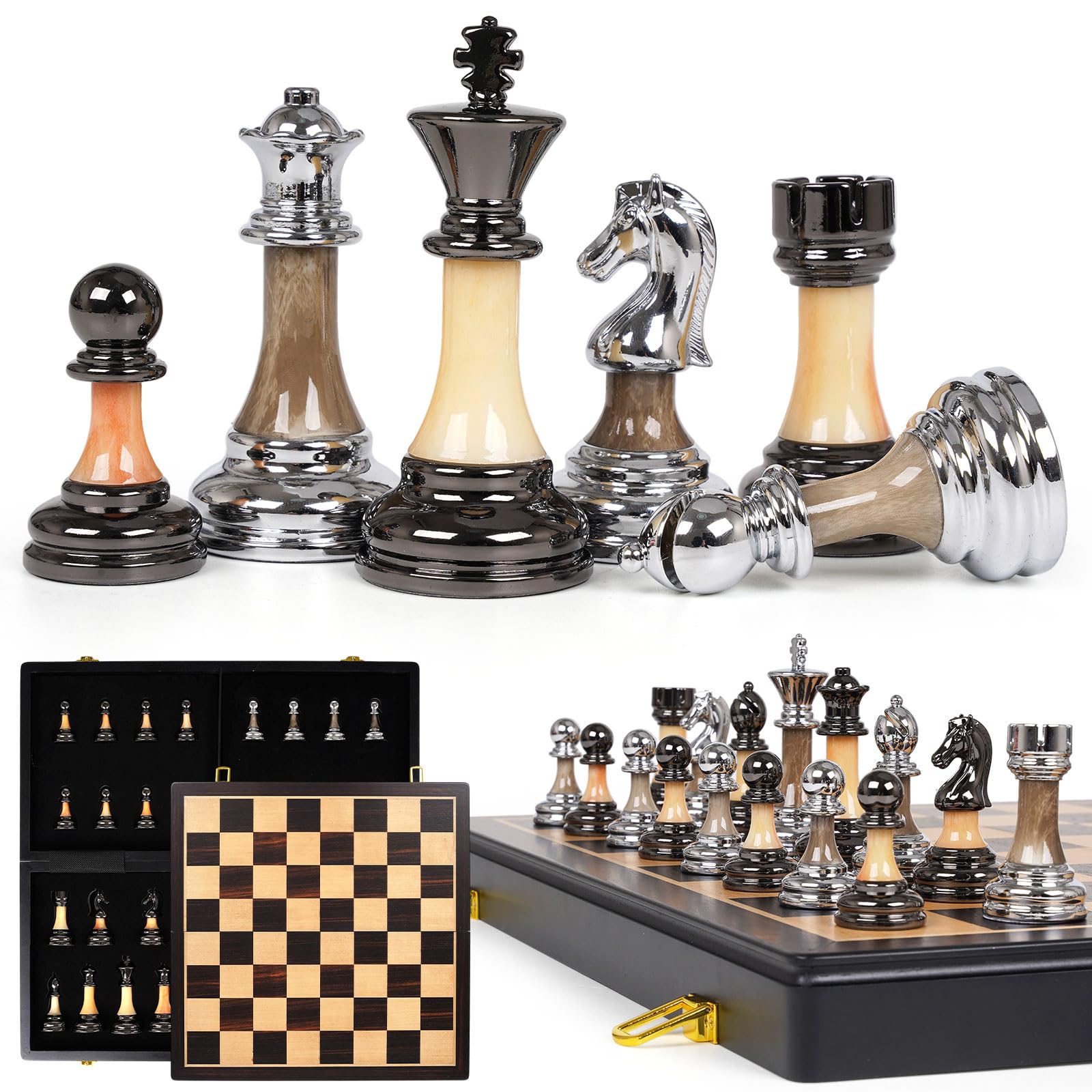チェス書き割り Luxury Large Metal \u0026 Acrylic Chess Set with Wooden Chess Board (17”) ? Weighted Chess Pieces with 3.5” King, Foldable Tournament Chess Set for Adults \u0026 Kids, Professional Chess Game Set 【並行輸入品】