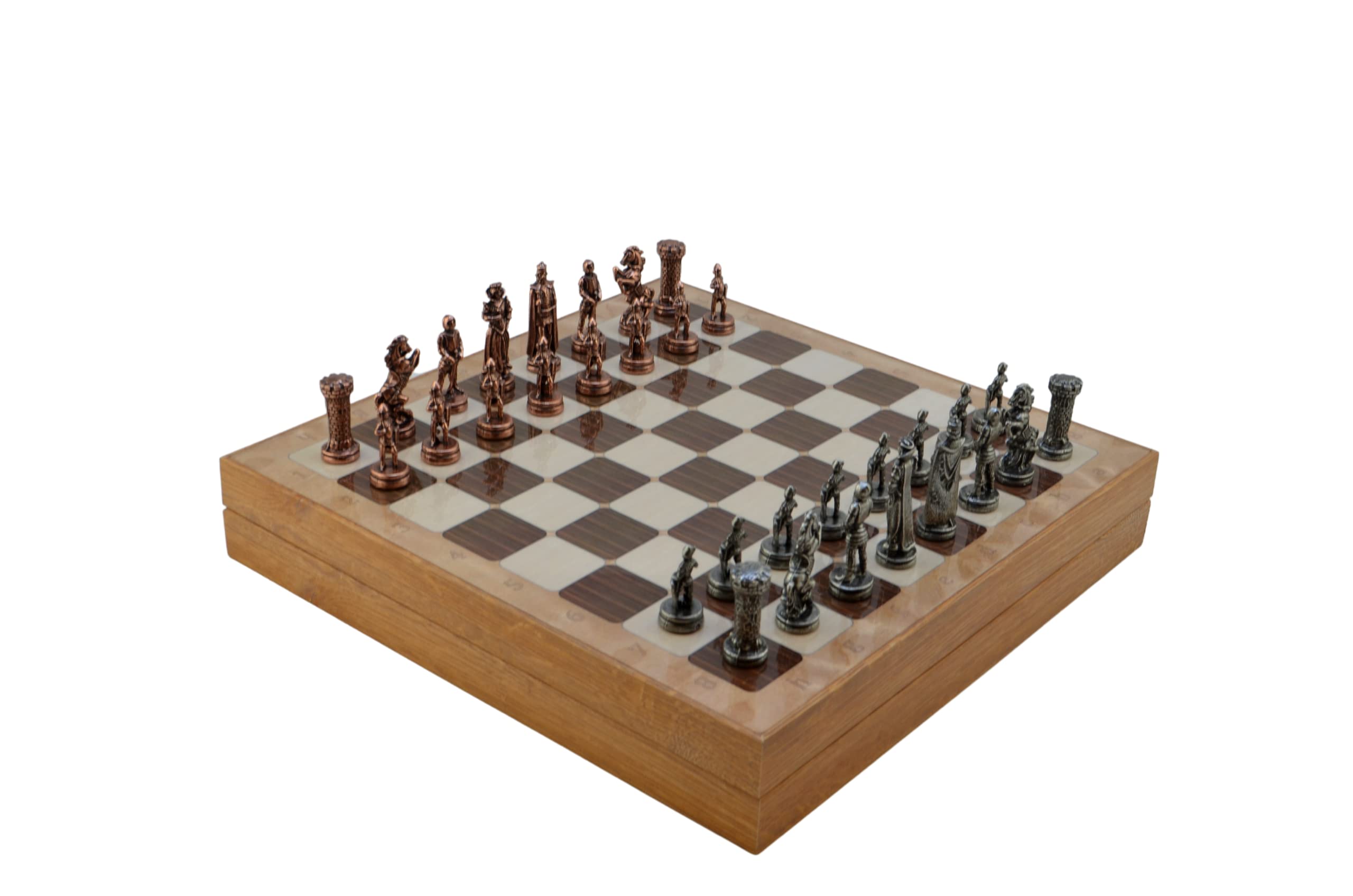 チェス書き割り Metal Chess Set for Adults Medieval British Army Antique Copper,Handmade Pieces and Different Design Wooden Chess Board with Storage (Rustic) 【並行輸入品】