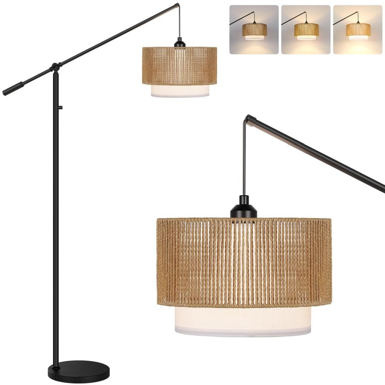 サファヴィヤ safavieh 速見表照明ランプ サファビヤ サファヴィア 【Upgraded】Dimmable Boho Floor Lamp for Living Room, Modern Swing Arm Floor Lamp with Rattan \u0026 Fabric Shades, Black Rattan Standing Lamp with 11W Bulb, Farmhouse Adjusta 【並行輸入品】