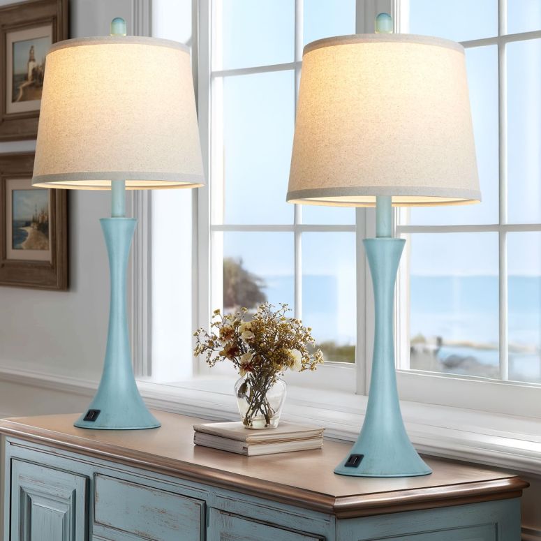 サファヴィヤ safavieh 速見表照明ランプ サファビヤ サファヴィア Rinweey Riweey Blue Metal Table Lamp Set of 2 with USB C+A Ports, Bedside Lamp, Modern Bedroom Lamps, Coastal Lamp for Night Stands Bedroom Living Room,Nightstand Lamp LE 【並行輸入品】