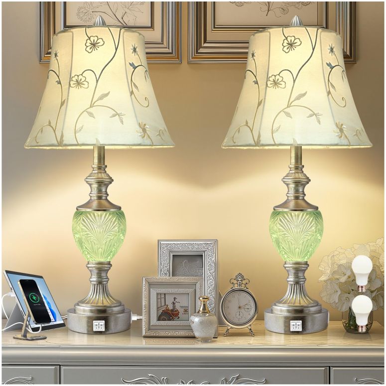 サファヴィヤ safavieh 早見表照明ランプ サファビヤ サファヴィア Bedside Table Lamp Set of 2 with Nightlight and USB A+C Ports, 27\u0027\u0027 High Vintage Table Lamps with Silver Leaf Finish and Embroidered Shade, Nightstand Lamps Decor for Bed 【並行輸入品】
