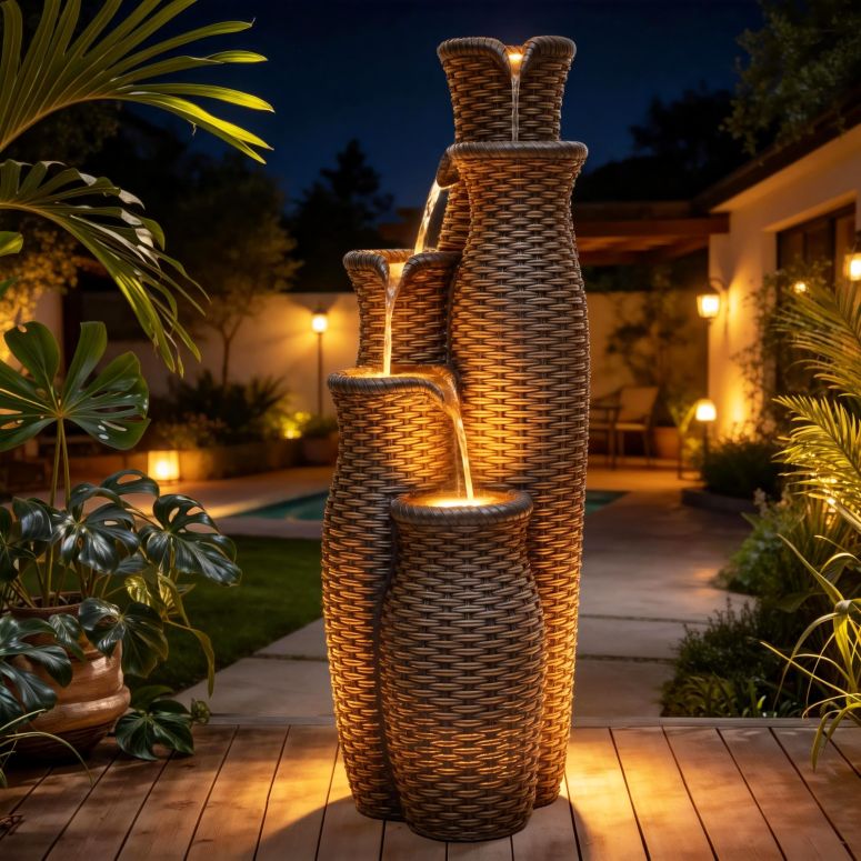 ガーデン 噴水 インテリア噴水 置き型 噴水 滝のオブジェ ウォーターフォールファウンテン Autodaya Wicker-Look Outdoor Water Fountain with Lights, 33" Tall 5-Tier Rattan Vase Cascading Waterfall Feature with Soothing White Noise for Pat 【並行輸入品】｜MJ-MARKET 73,700円