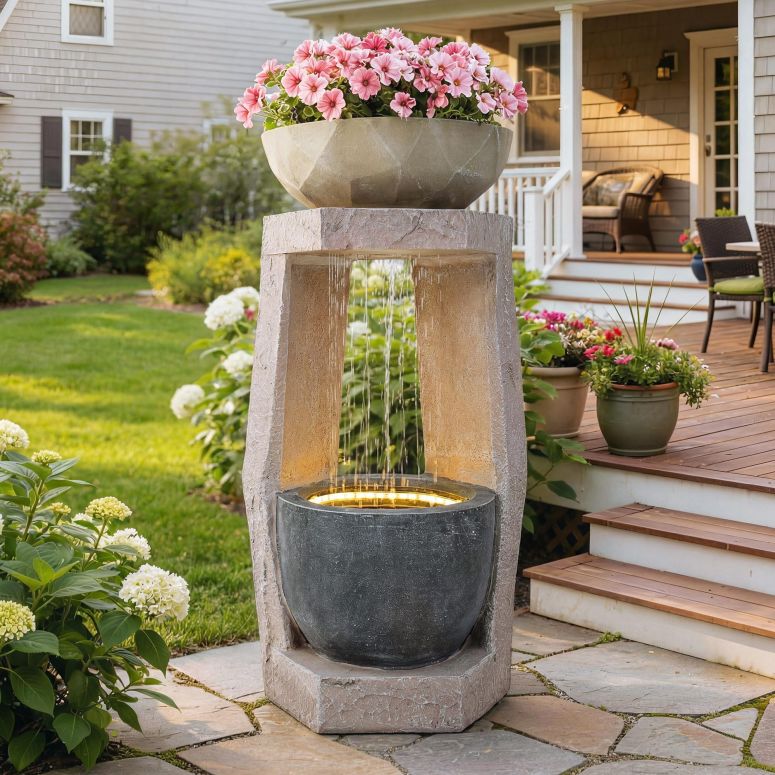 ガーデン 噴水 インテリア噴水 置き型 噴水 滝のオブジェ ウォーターフォールファウンテン Ultym 32" Outdoor Fountain, Modern Geometric Two Bowls Water Feature with LED Lights, Resin Soothing Cascading Waterfall for Patio, Backyard, Gard 【並行輸入品】｜MJ-MARKET