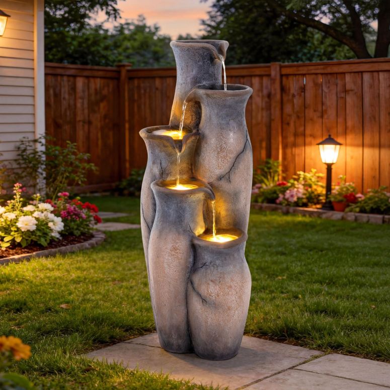 ガーデン 噴水 インテリア噴水 置き型 噴水 滝のオブジェ ウォーターフォールファウンテン Ultym 33" H Outdoor Water Fountain with Lights, 5-Tier Faux Terracotta Vase Waterfall, Rustic Cracked Stone Finish Resin Cascading Waterfall Featu 【並行輸入品】｜MJ-MARKET
