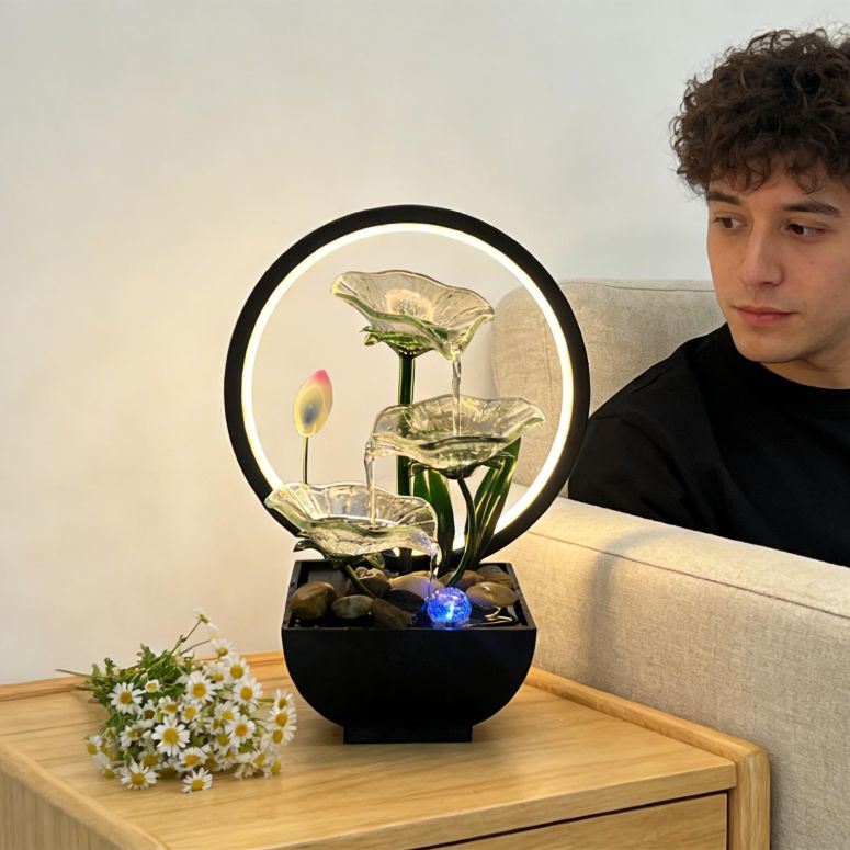 卓上 吹き上げ 滝のオブジェ テーブルトップファウンテン 室内装飾吹き上げ AOZITA Tabletop Water Fountain,3-Tier Transparent Glass Lotus Leaf Zen Fountain,Indoor Water Feature with Lotus Bud \u0026 LED Ring Light \u0026 Bead for Home Office Decor,Rela 【並行輸入品】