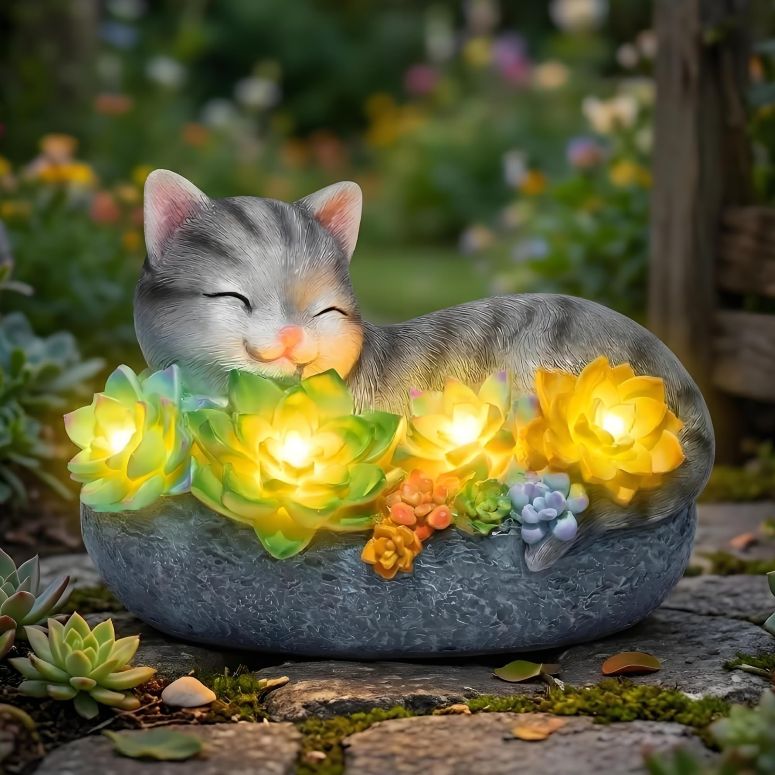 園地ともし火LEDソーラーともし火 ソーラー力強さ basen Solar Sleeping Cat Outdoor Garden Decor, Resin Cat Figurine with Colorful Succulent Flowers, Solar Powered LED Light, Waterproof Yard Lawn Patio Ornament, Cute Animal Gift for Ho 【並行輸入品】