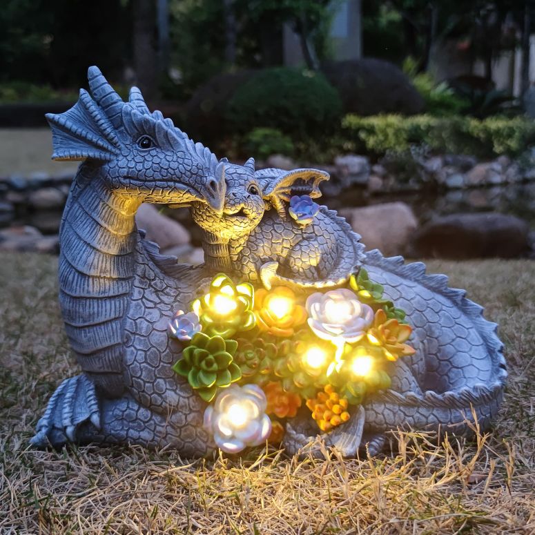 園地ともし火LEDソーラーともし火 ソーラー力強さ RCTTICUU Solar Dragon Garden Statues Outdoor Decor, Resin Dragon Figurine with Succulent and 6 LED Lights Lawn Patio Balcony Art Decoration,Housewarming Birthday Gifts for Grandma Mom  【並行輸入品】
