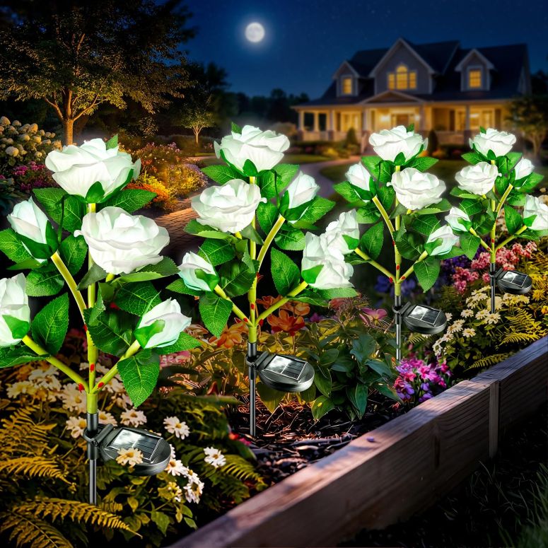 苑地点火装置LEDソーラー点火装置 ソーラー力強さ Anordsem Solar Garden Lights Outdoor: 20 Artificial Fabric White Roses Flowers 4 Pack- LED Flower Decorations for Cemetery Grave Pathway Yard- Valentine\u0027s Day Gifts for Women, Wife and 【並行輸入品】