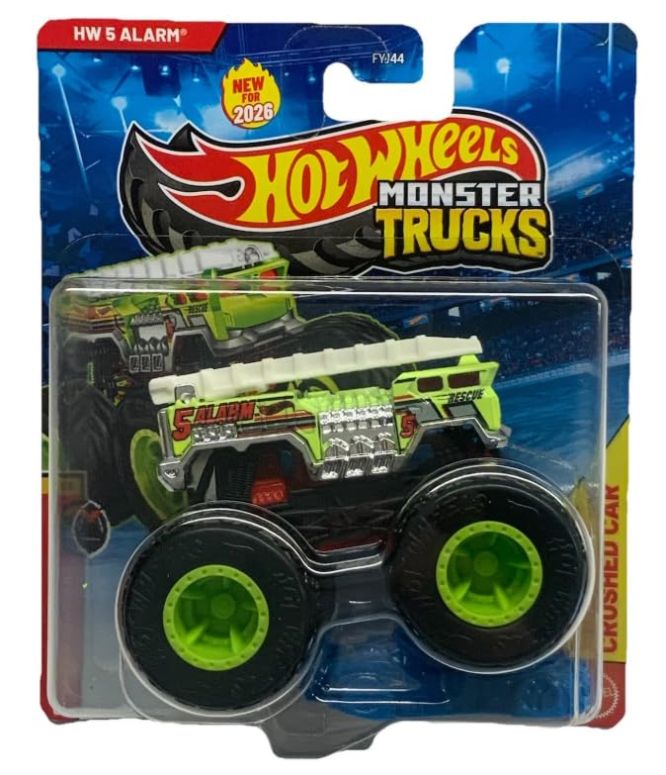 ホットウィール 異類異形貨物自動車 Hot Wheels Monster Trucks 5 Alarm [Neon Fire Truck] Champion Crashers 6/8 - Includes Crushed Car! - 1:64 Scale Diecast Toy Vehicle 【並行輸入品】