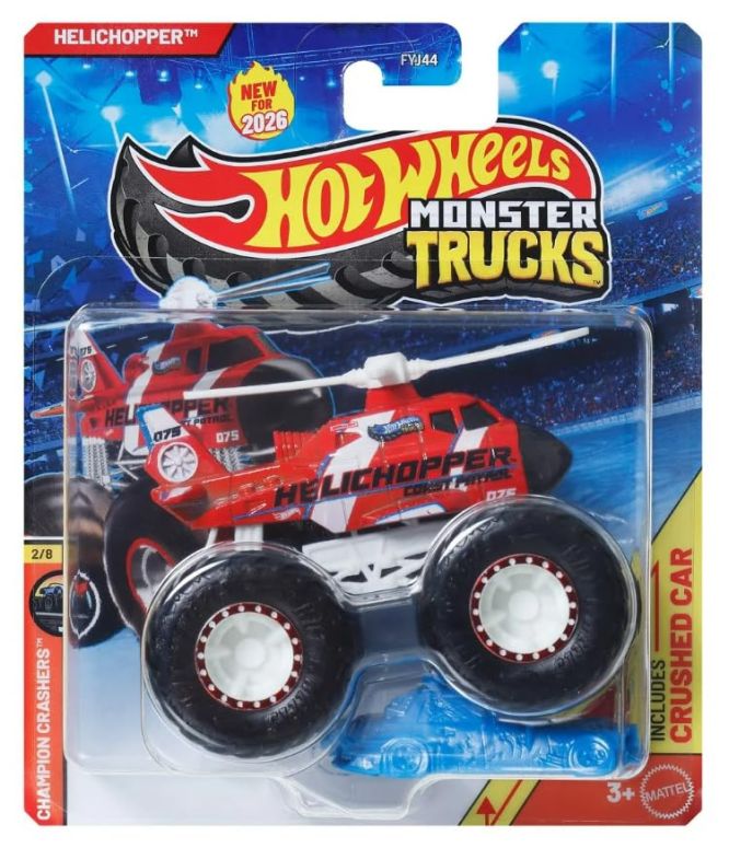 ホットウィール 異類異形貨物自動車 Hot Wheels Monster Trucks Helichopper [Red] Champion Crashers 2/8 - Includes Crushed Car - 1:64 Scale Diecast Toy Vehicle 【並行輸入品】