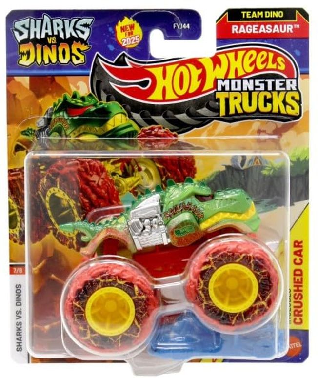 ホットウィール 異類異形貨物自動車 Hot Wheels Monster Trucks Sharks vs Dinos, 1:64 Scale Die-Cast Vehicle Collection, 2025 Edition (7/8 Team Dino Rageasaur Red Wheels) 【並行輸入品】