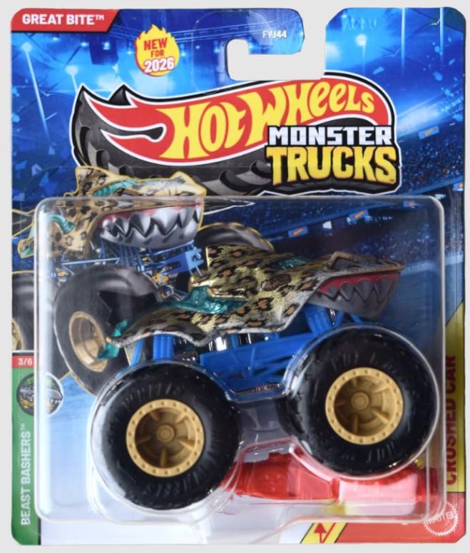 ホットウィール 異類異形貨物自動車 Hot Wheels Monster Trucks Great Bite Shark [Leopard] Beast Bashers 3/6 - Includes Crushed Car - 1:64 Scale Diecast Toy Vehicle 【並行輸入品】