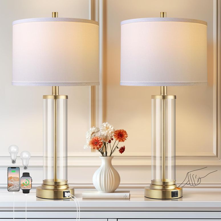 サファヴィヤ safavieh 早見表照明ランプ サファビヤ サファヴィア QiMH Lamps for Bedrooms Set of 2, Touch Control Table Lamps with USB A+C Ports, 3-Way Dimmable Bedside Lamp with Fabric Lampshade, Modern Nightstand Lamp for Living Room  【並行輸入品】
