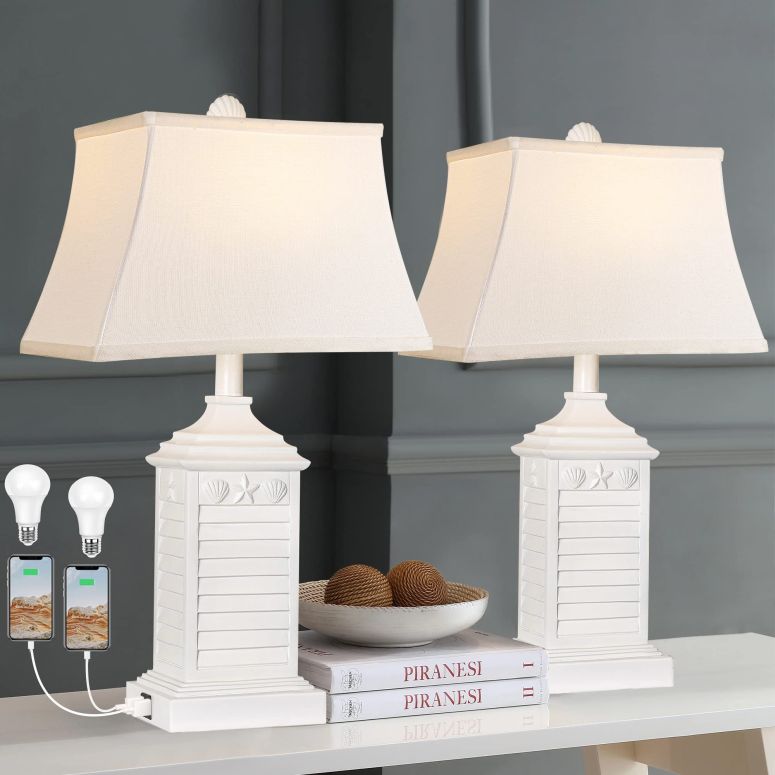 サファヴィヤ safavieh 早見表照明ランプ サファビヤ サファヴィア Hamucd Table Lamps for Living Room Set of 2, Coastal White Bedside Lamps for Bedroom with USB A+C Outlet Modern Resin 3-Color Temperature Nightstand Lamp for End Table (B 【並行輸入品】