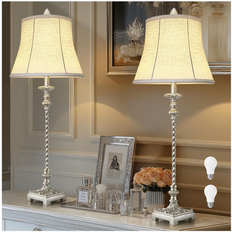 サファヴィヤ safavieh 早見表照明ランプ サファビヤ サファヴィア Candle Stick Buffet Table Lamp Set of 2, 33\u0027\u0027 Vintage Nightstand Lamps with Silver Leaf Finish and White Linen Shades, 3-Way Dimmable Bulb Included, Country Style Bedside 【並行輸入品】