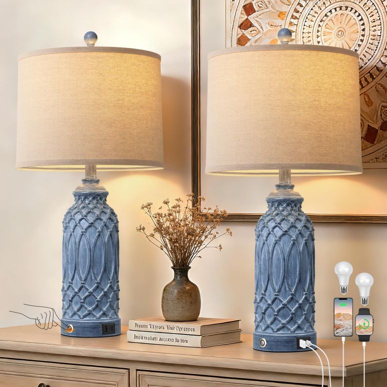 サファヴィヤ safavieh 早見表照明ランプ サファビヤ サファヴィア Woven Resin Table Lamps Set of 2, Farmhouse Table Lamps with USB Ports, Touch Button Switch Beside Lamps, Resin Desk Lamp, Linen Shade, Nightstand Lamp for Living Room Be 【並行輸入品】
