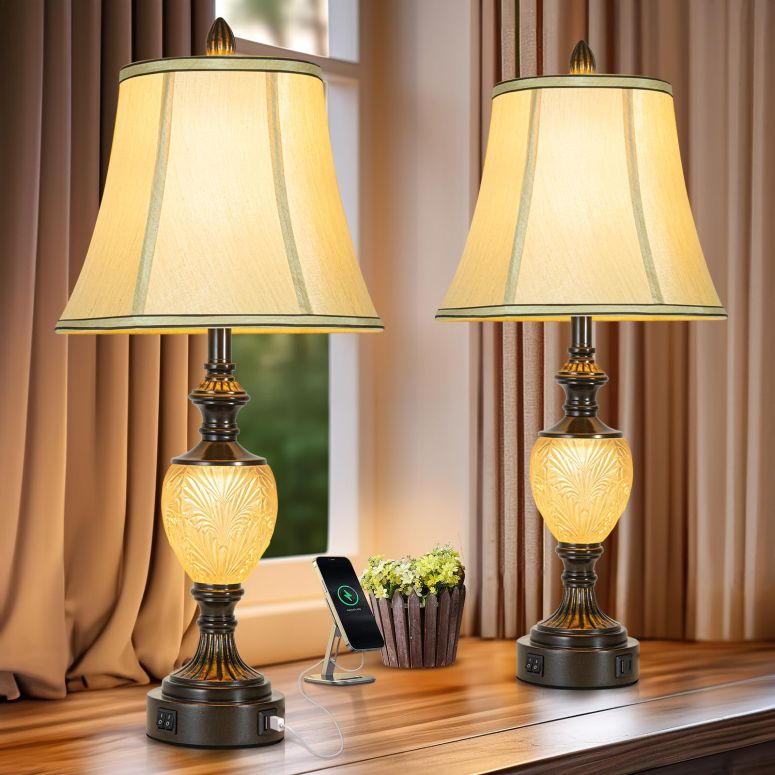 サファヴィヤ safavieh 速見表照明ランプ サファビヤ サファヴィア 27\u0027\u0027 High Vintage Table Lamp Set of 2 for Living Room Farmhouse Bedside Lamp with Fabric Shades Boho Nightstand Lamp with USB and Nightlight for Bedroom Home Office Hotel 【並行輸入品】