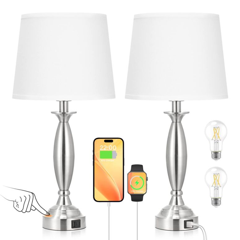 サファヴィヤ safavieh 早見表照明ランプ サファビヤ サファヴィア Seealle White Lamps for Bedrooms Set of 2 - Touch Control Bedside Lamp with USB C+A, 3 Way Dimmable Nightstand Lamps with USB Port, Table Lamp for Living Room(White Shade 【並行輸入品】