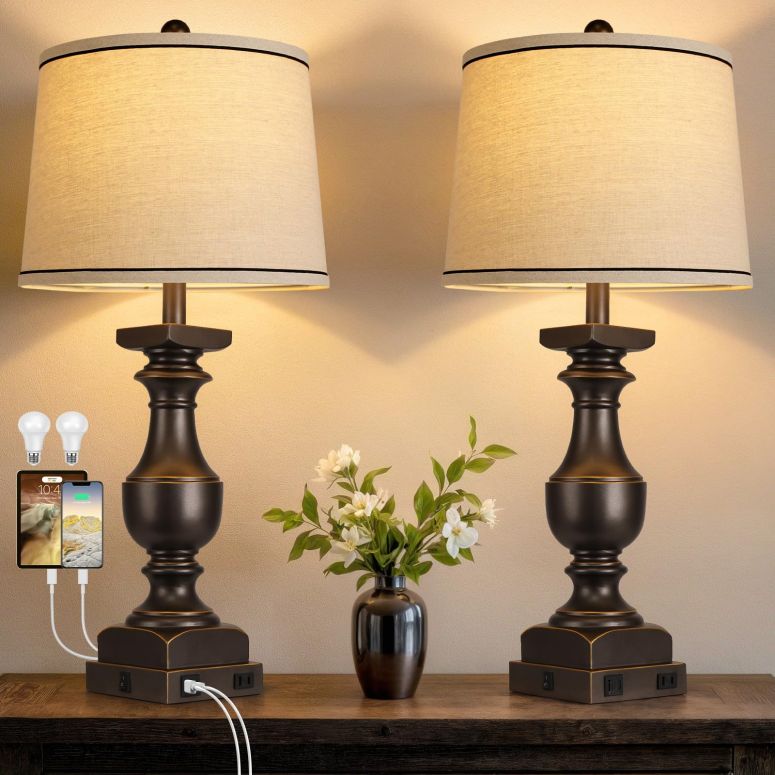 サファヴィヤ safavieh テーブルランプ サファビヤ サファヴィア 28'' Farmhouse Bedside Lamps Set of 2, Black Gold Table Lamps for Nightstand, Desk Lamps with Linen Shades, Table Lamps with USB A+C Port, Nightstand Lamps for Bedroom, R 【並行輸入品】｜MJ-MARKET