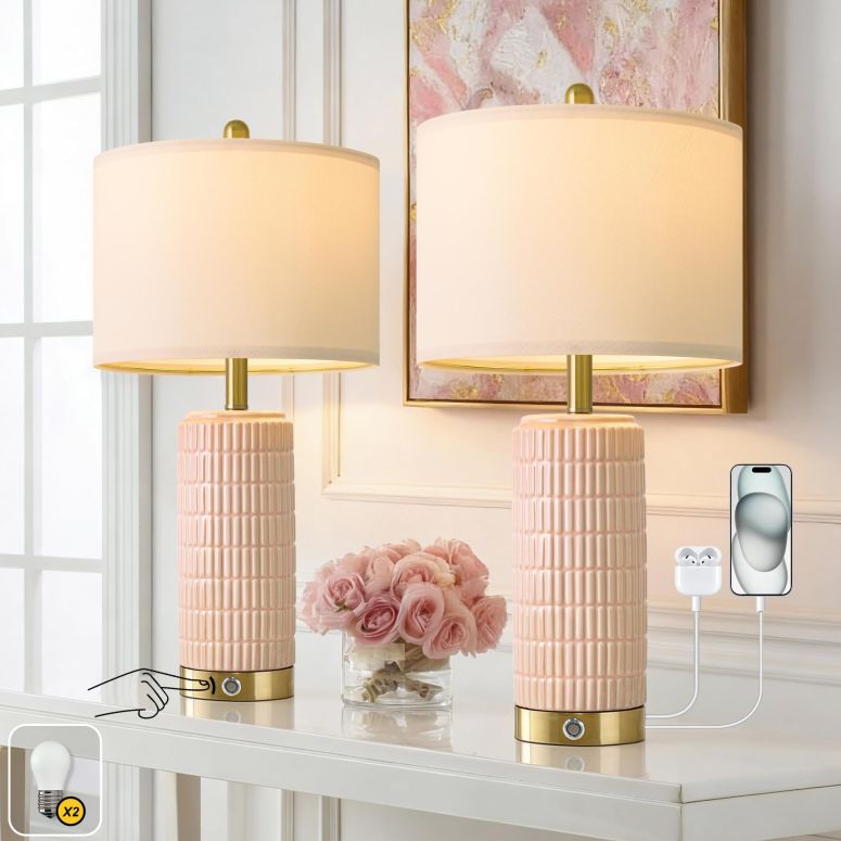 サファヴィヤ safavieh 速見表照明ランプ サファビヤ サファヴィア PoKat 25\u0027\u0027 Table Lamps Set of 2 for Bedroom with 3-Way Dimmable Touch Control, Bedside Lamps with USB A+C Ports for Living Room, Modern Ceramic Pink Lamps for Kids Girls  【並行輸入品】