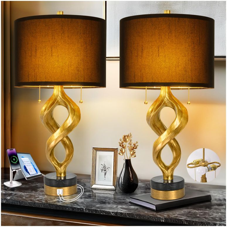 サファヴィヤ safavieh 早見表照明ランプ サファビヤ サファヴィア Sculptural Table Lamp Set of 2 for Bedroom, 26” Gold Leaf Farmhouse Bedside Lamps for Living Room, Pull Chains Switch Rustic Nightstand Lamp Marble Base with USB for Hom 【並行輸入品】