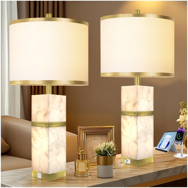 サファヴィヤ safavieh 速見表照明ランプ サファビヤ サファヴィア Natural Alabaster Table Lamps Set of 2 - Table Lamp with Night Light for Bedroom,Nightstand Lamps with USB Ports,Bedside Lamps with Linen Fabric Shade for Living Room,Bed 【並行輸入品】