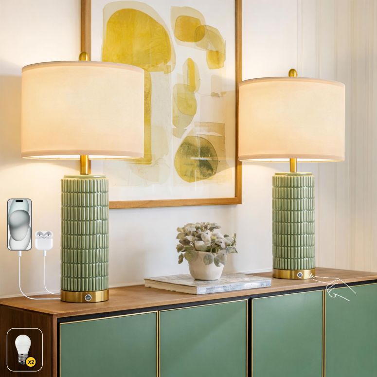 サファヴィヤ safavieh 速見表照明ランプ サファビヤ サファヴィア PoKat 25\u0027\u0027 Bedside Table Lamps Set of 2 for Living Room with USB A\u0026C Ports, Touch Lamps with 3-Way Dimmable Control for Bedroom, Farmhouse Green Lamps for Nightstand Offi 【並行輸入品】