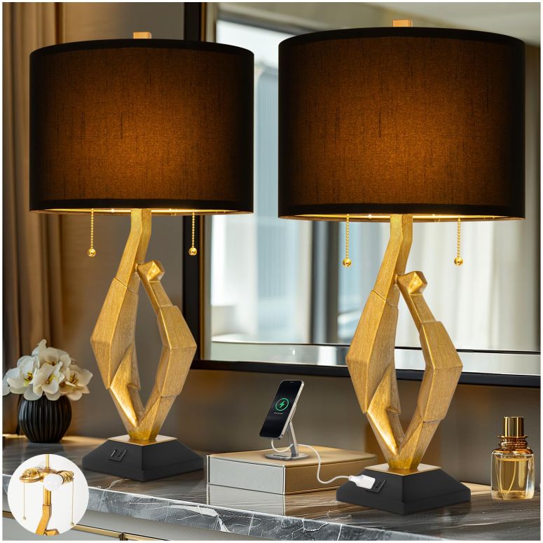 サファヴィヤ safavieh 速見表照明ランプ サファビヤ サファヴィア Sculptural Table Lamp Set of 2 with USB Ports For Living Room, Gold Leaf Finish Farmhouse Bedside Lamps with S Cluster Pull Chains Switch for Bedroom, Rustic Nightstand L 【並行輸入品】