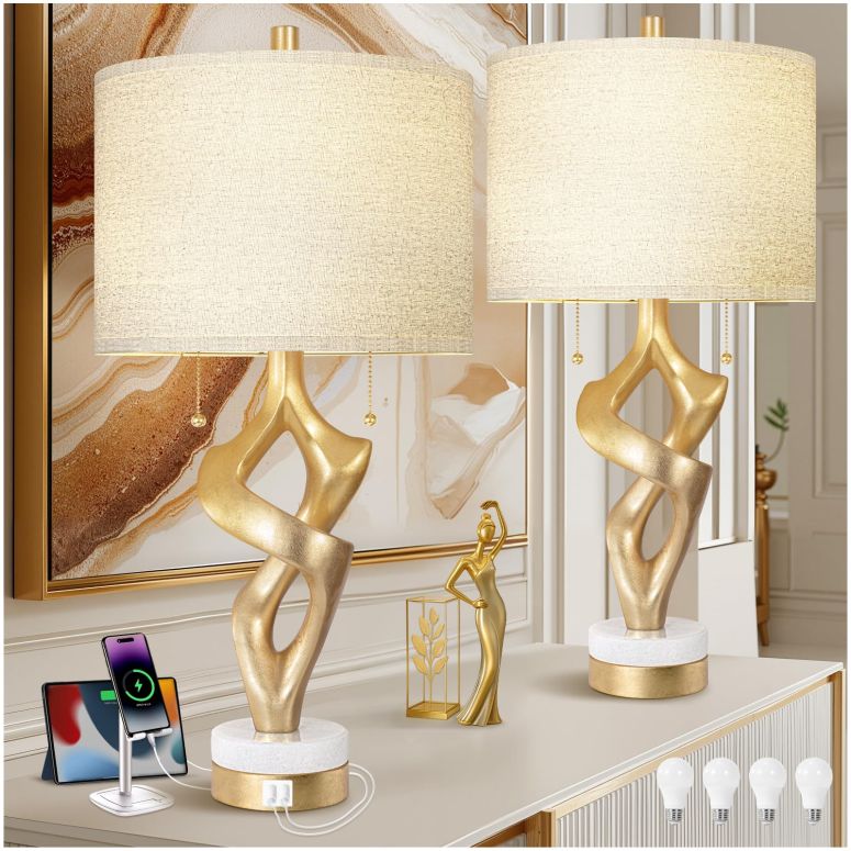 サファヴィヤ safavieh 早見表照明ランプ サファビヤ サファヴィア Scenekoy Sculptural Table Lamp Set of 2 with USB Ports for Bedroom Living Room, 26” Gold Leaf Marble Base Bedside Lamps, Pull Chains Switch Modern Nightstand Lamp for Ho 【並行輸入品】